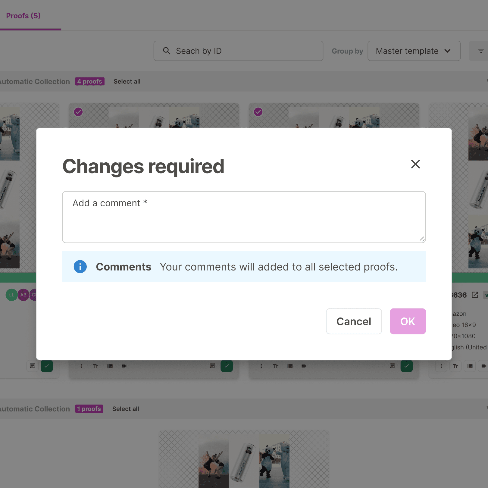 Feedback modal from a creative review platform showing “Changes required” for multiple selected proofs. Highlights automated proofing workflow and collaborative commenting across assets.