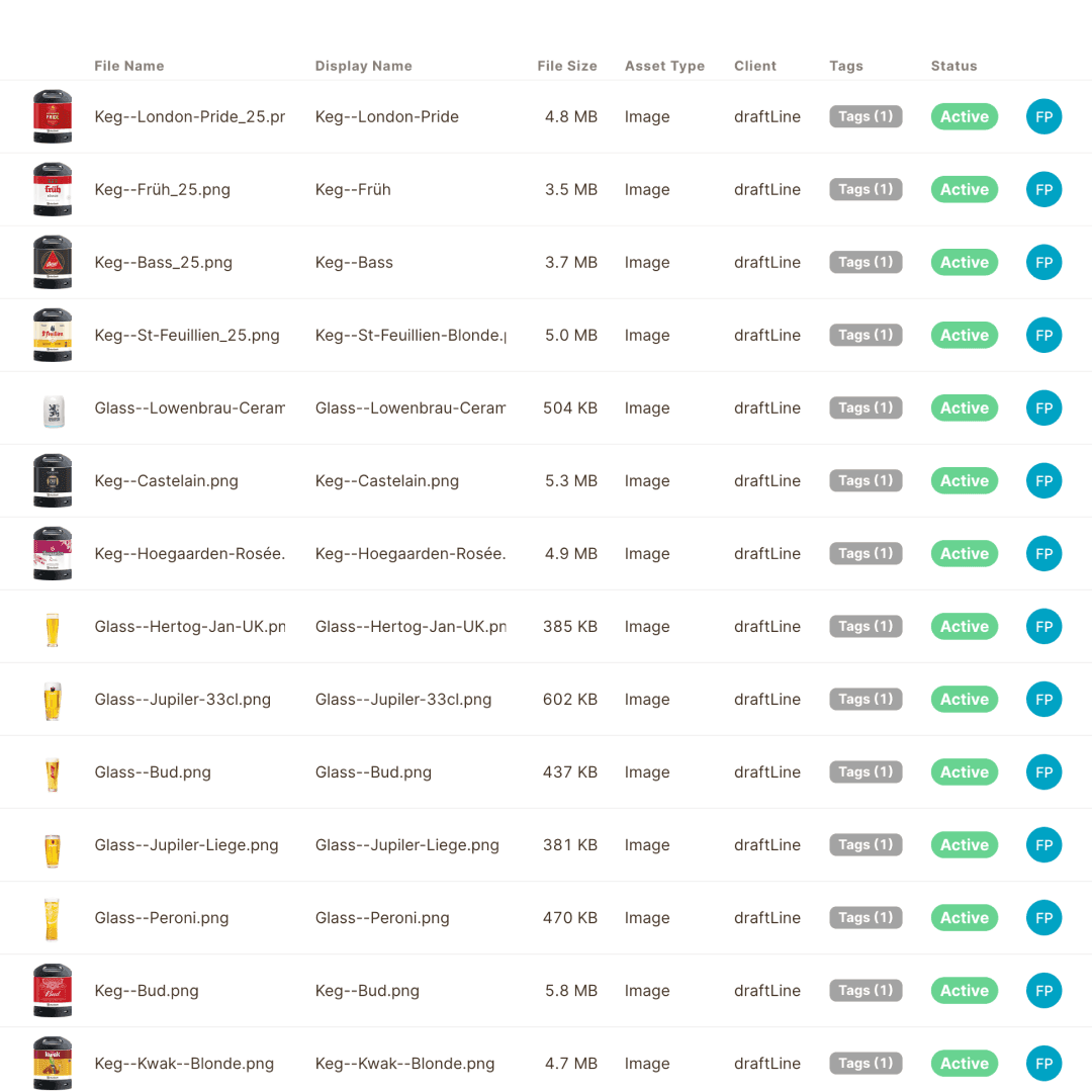 Centralised asset library displaying images, file metadata, tags, and status indicators. Demonstrates organised creative asset management for campaign consistency.