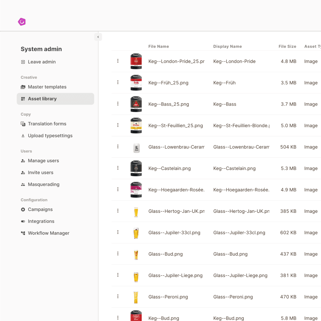 Admin view of the CreateTOTALLY asset library with access to creative files, templates, and users. Illustrates structured creative operations with granular control.