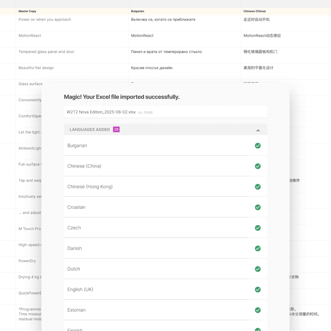 Excel translation sheet showing 29 languages imported automatically from a .xls file. Demonstrates automated content ingestion and multi-language asset generation at scale.