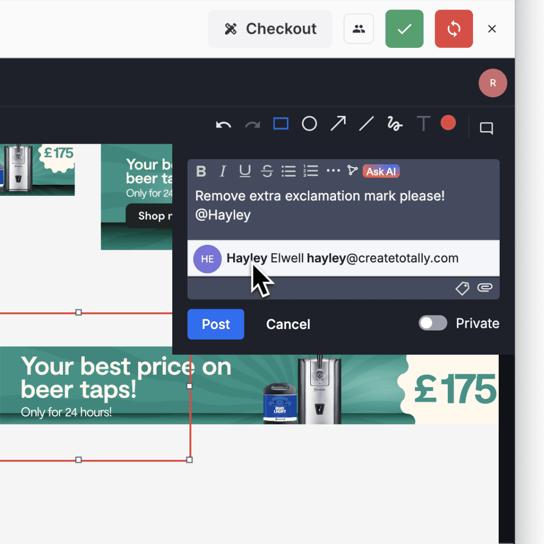 Feedback interface tagging a team member with contextual markup and AI assist. Shows collaborative creative review with precise commenting and role tagging.