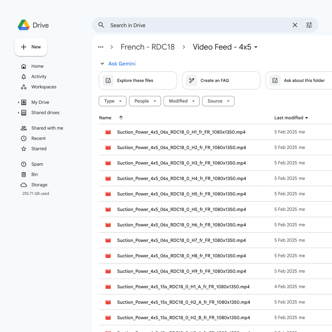 Google Drive folder with multiple video files titled by language, resolution, and template ID. Represents final creative delivery grouped by format and locale.