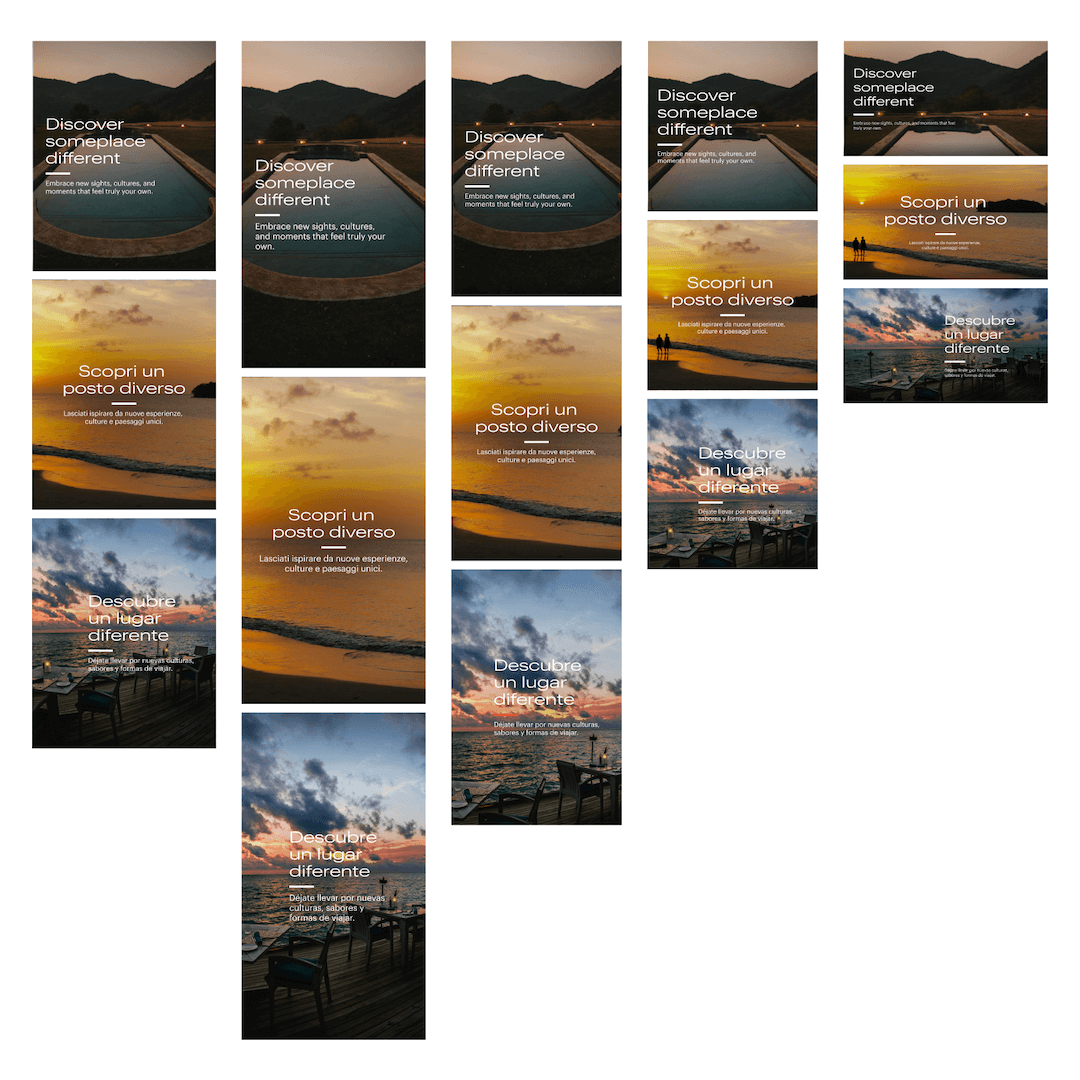Multilingual creative variants for the same campaign shown in multiple formats and aspect ratios. Highlights creative complexity managed through automation.