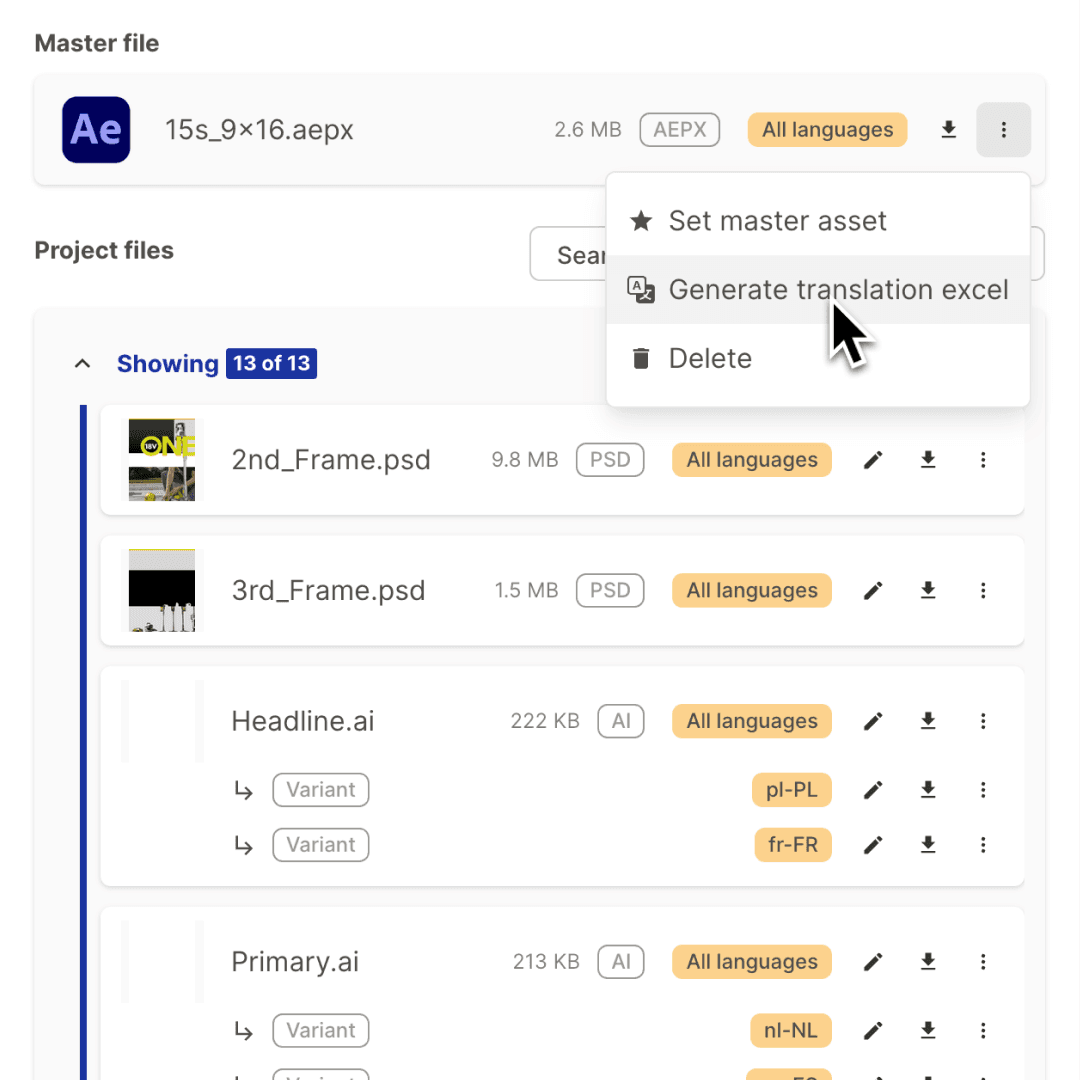 File panel with dropdown to generate a translation spreadsheet for campaign assets. Represents export automation for localisation workflows.