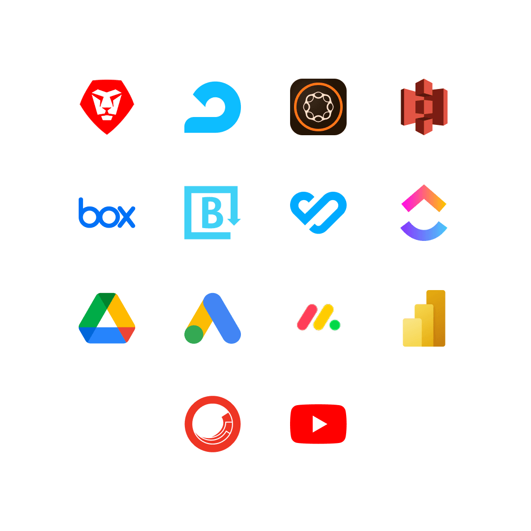 Icons for platform integrations including Google Drive, Bynder, Adobe, YouTube, and Power BI. Represents the extensibility of CreateTOTALLY’s automation stack.