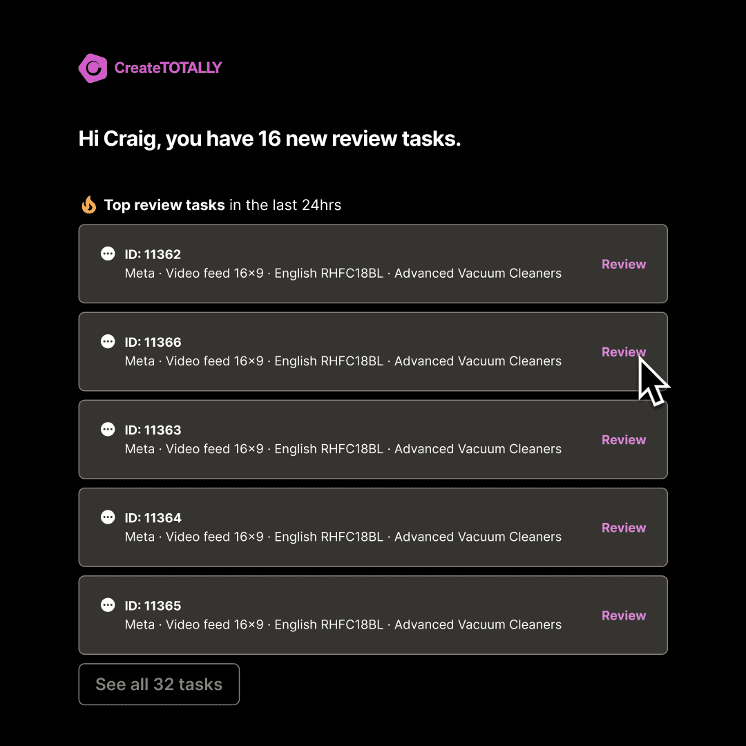 Personalised task notification for a user with new review items assigned. Demonstrates smart routing of approvals based on role, workload, and priority.