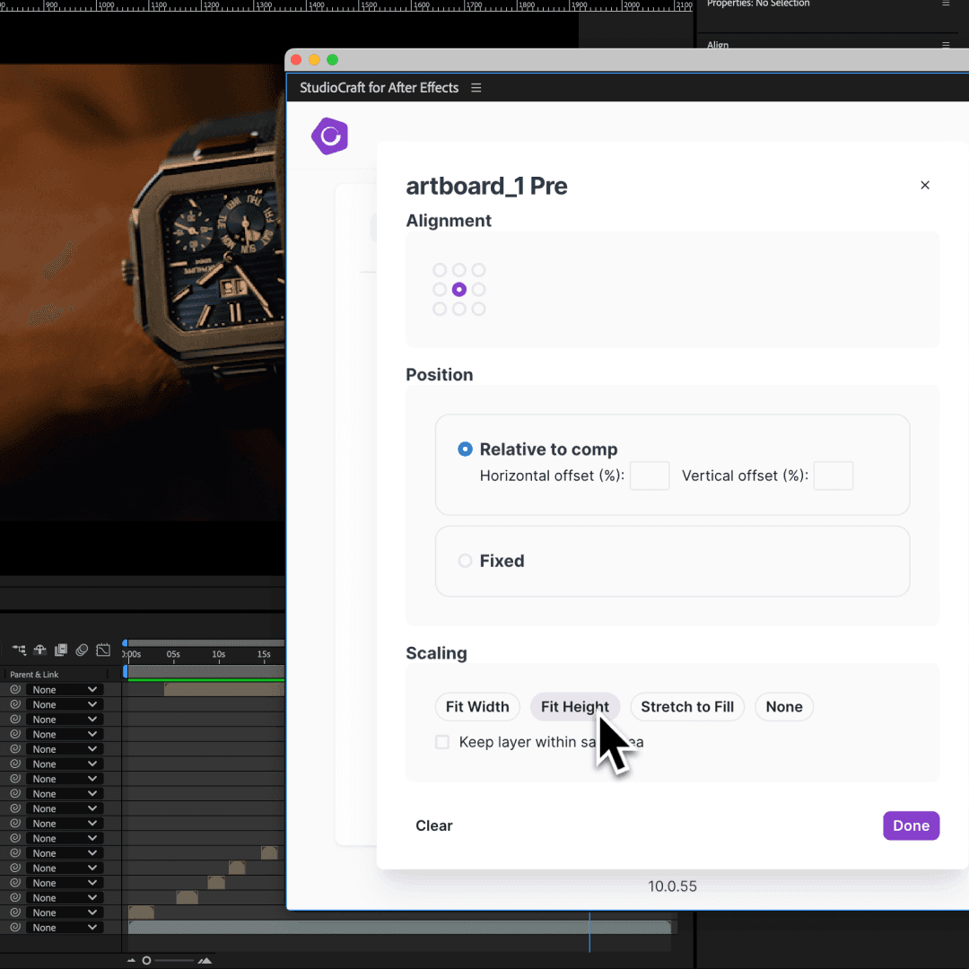 StudioCraft for After Effects plugin open to alignment and scaling settings. Demonstrates precision layout rules for automated creative resizing in motion templates.