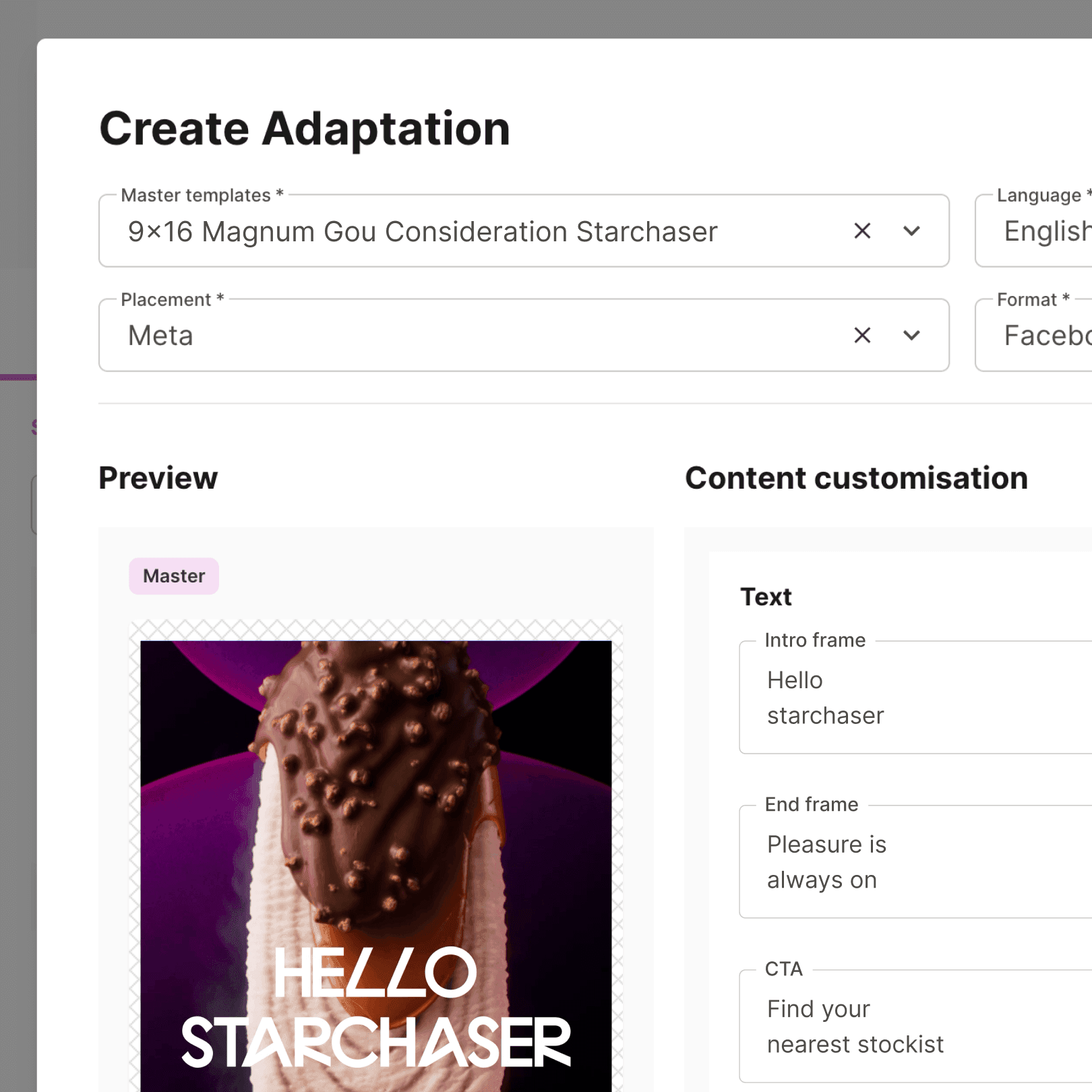 Create Adaptation interface with editable content for a Meta video placement. Represents flexible creative customisation from a single branded master template.