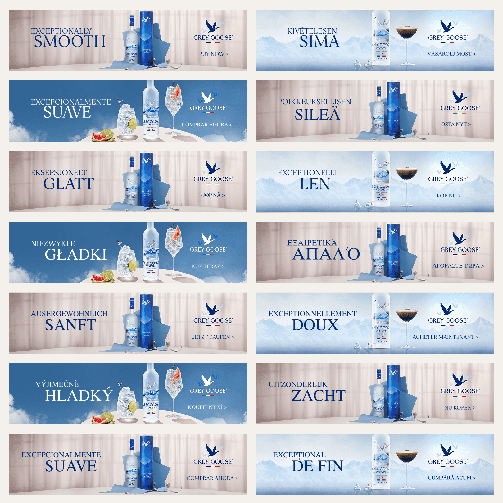 Grid of multilingual Grey Goose banners each featuring localised creative in over a dozen languages. Illustrates high-volume creative scaling with consistent brand design.
