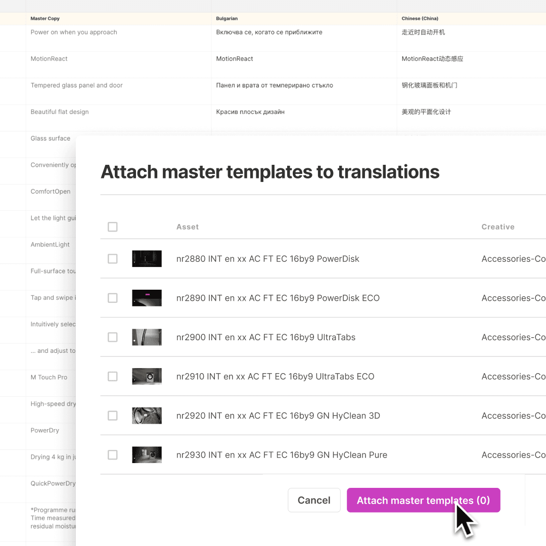 Dialog for attaching master templates to translated assets with preview thumbnails. Illustrates linking of translated content to visual master files for campaign automation.