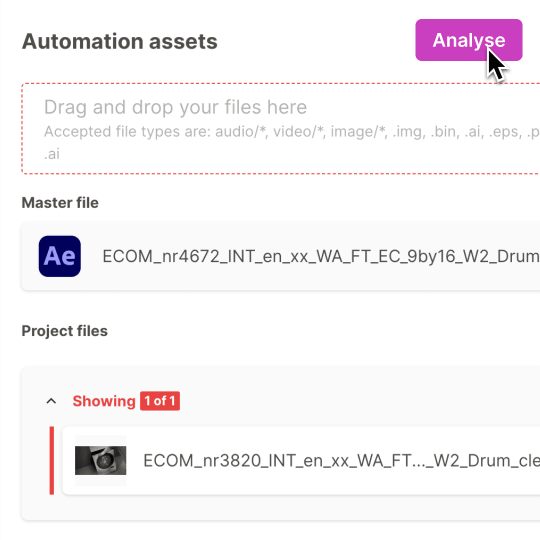 Upload UI with a highlighted "Analyse" button next to an After Effects project file. Marks the start of the creative automation pipeline.