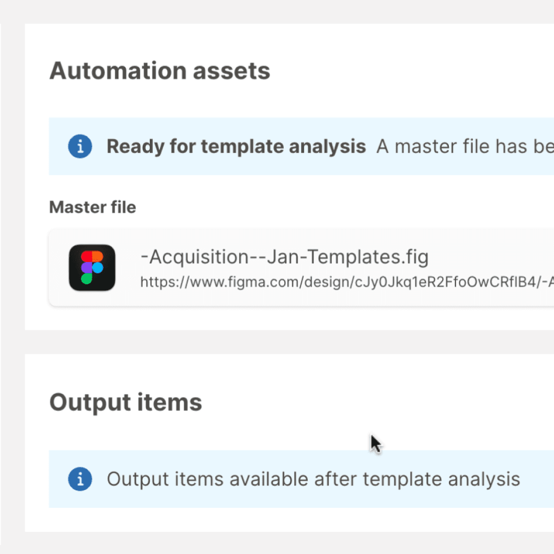 Figma file upload interface showing a master template ready for automation. Highlights CreateTOTALLY’s template analysis workflow for creative asset generation.