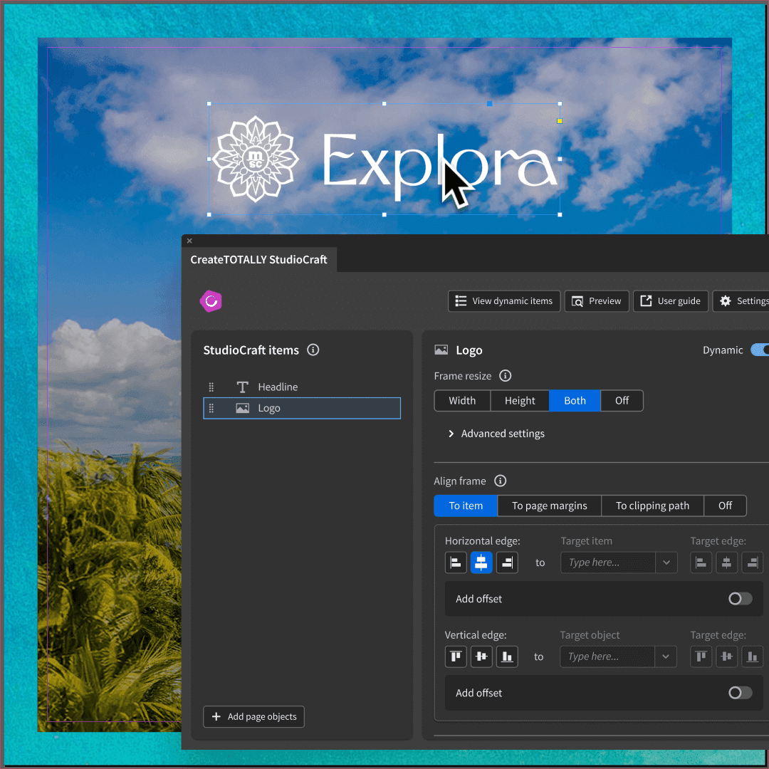 CreateTOTALLY StudioCraft interface with logo and headline selected in a tropical-themed layout. Emphasises use of real design files for structured creative automation.