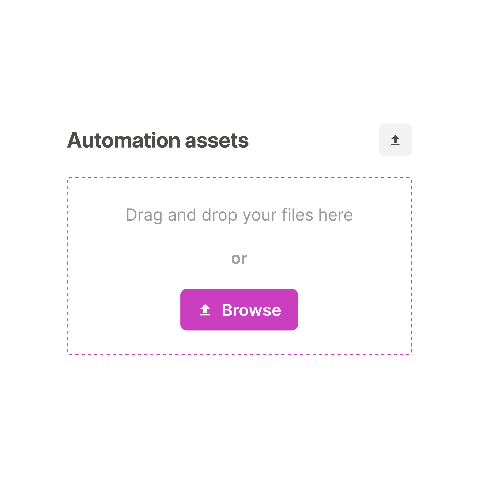 Upload panel for automation assets with drag-and-drop and browse functionality. Highlights easy onboarding of design files for creative automation workflows.