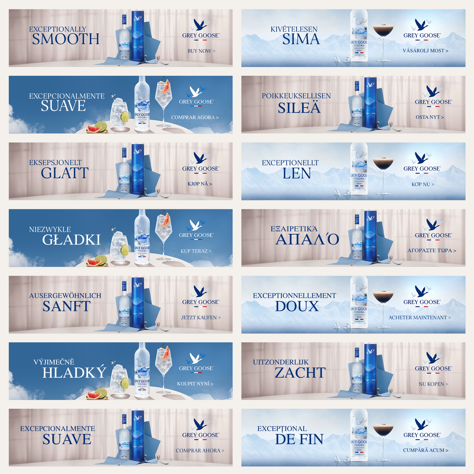 Grid of multilingual Grey Goose banners each featuring localised creative in over a dozen languages. Illustrates high-volume creative scaling with consistent brand design.