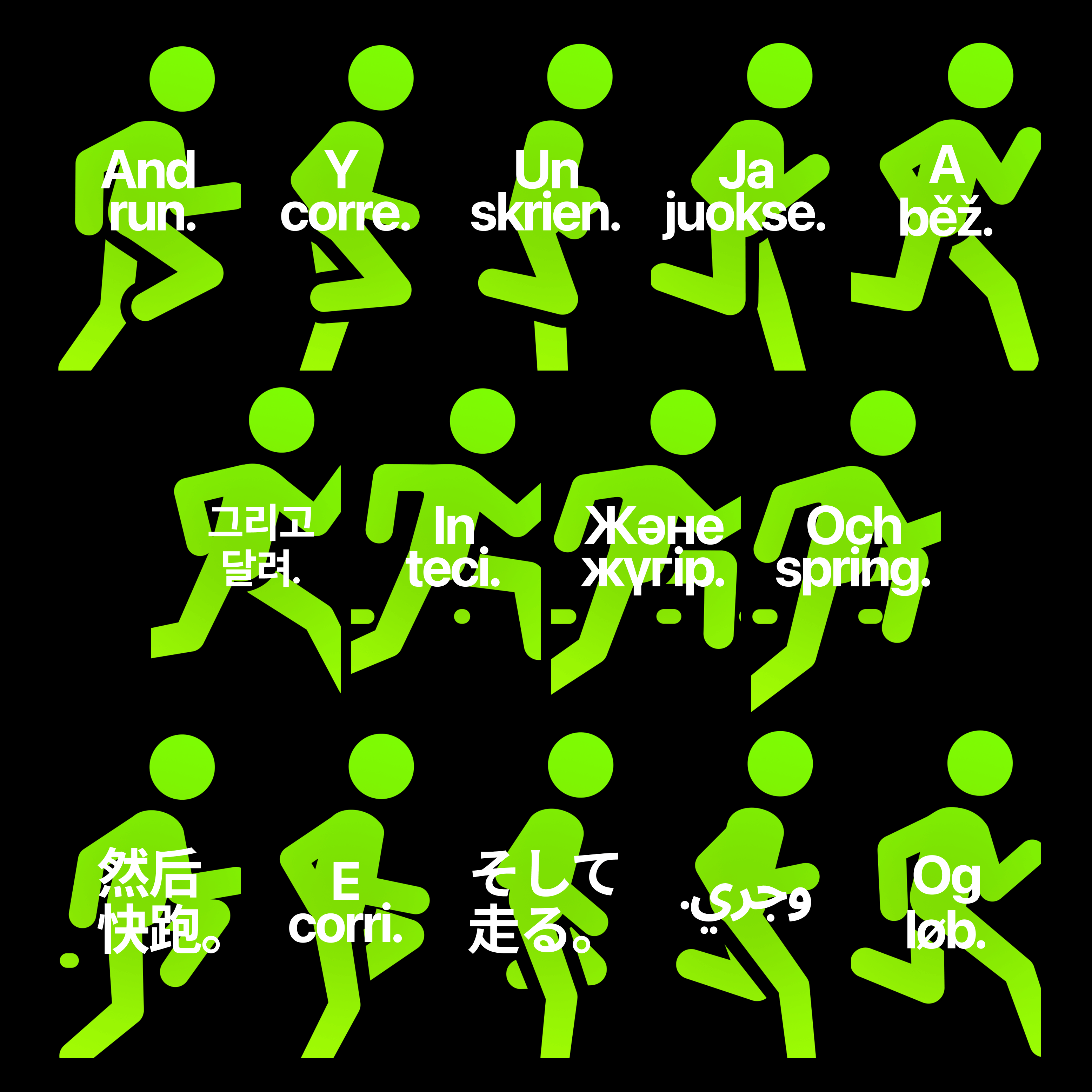 Grid of neon green running icons each with translated text in multiple languages. Highlights the creative complexity and duplication caused by manual localisation workflows.